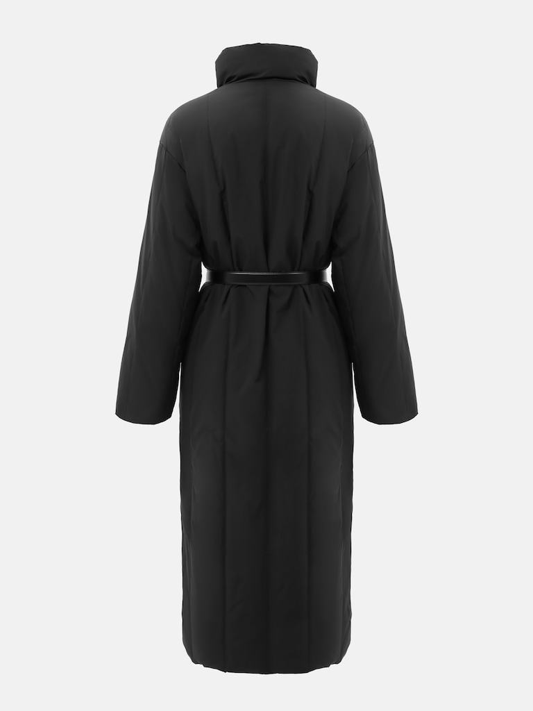 Down maxi jacket with high collar and leather belt