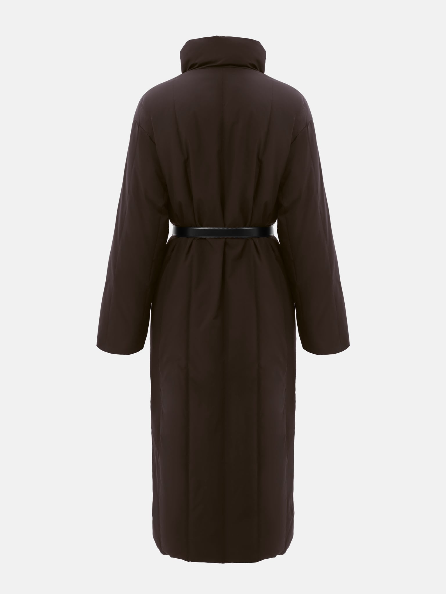 Пуховик макси с высоким воротником и ремнем из кожи