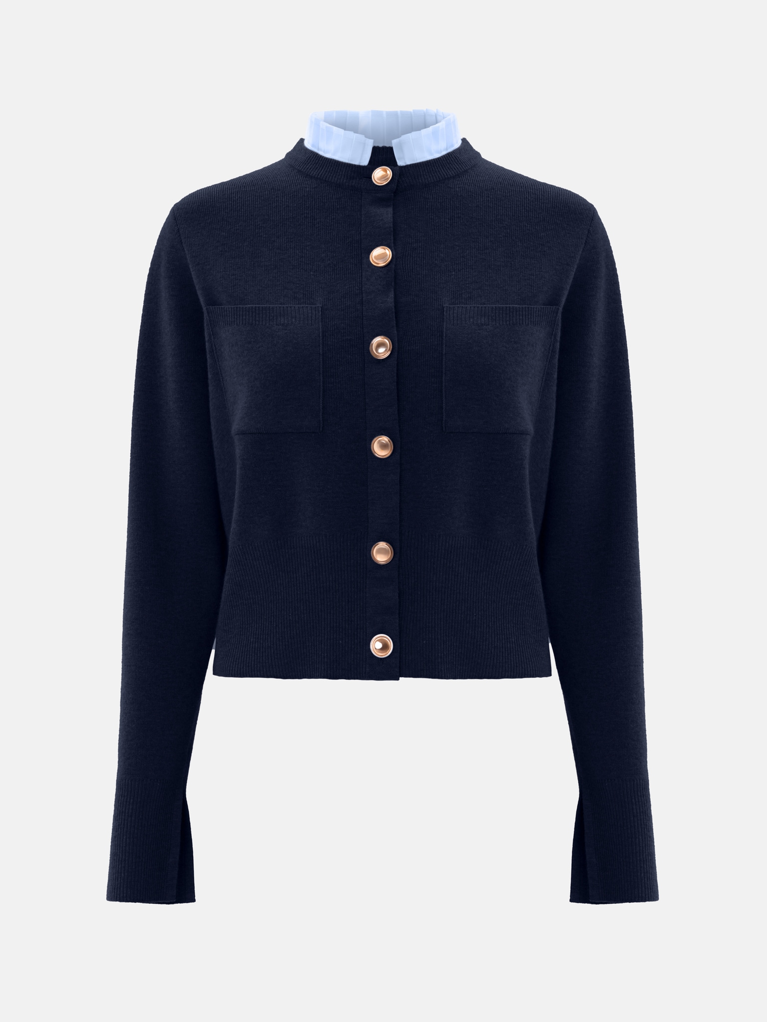 Cardigan with pleated insert on the collar