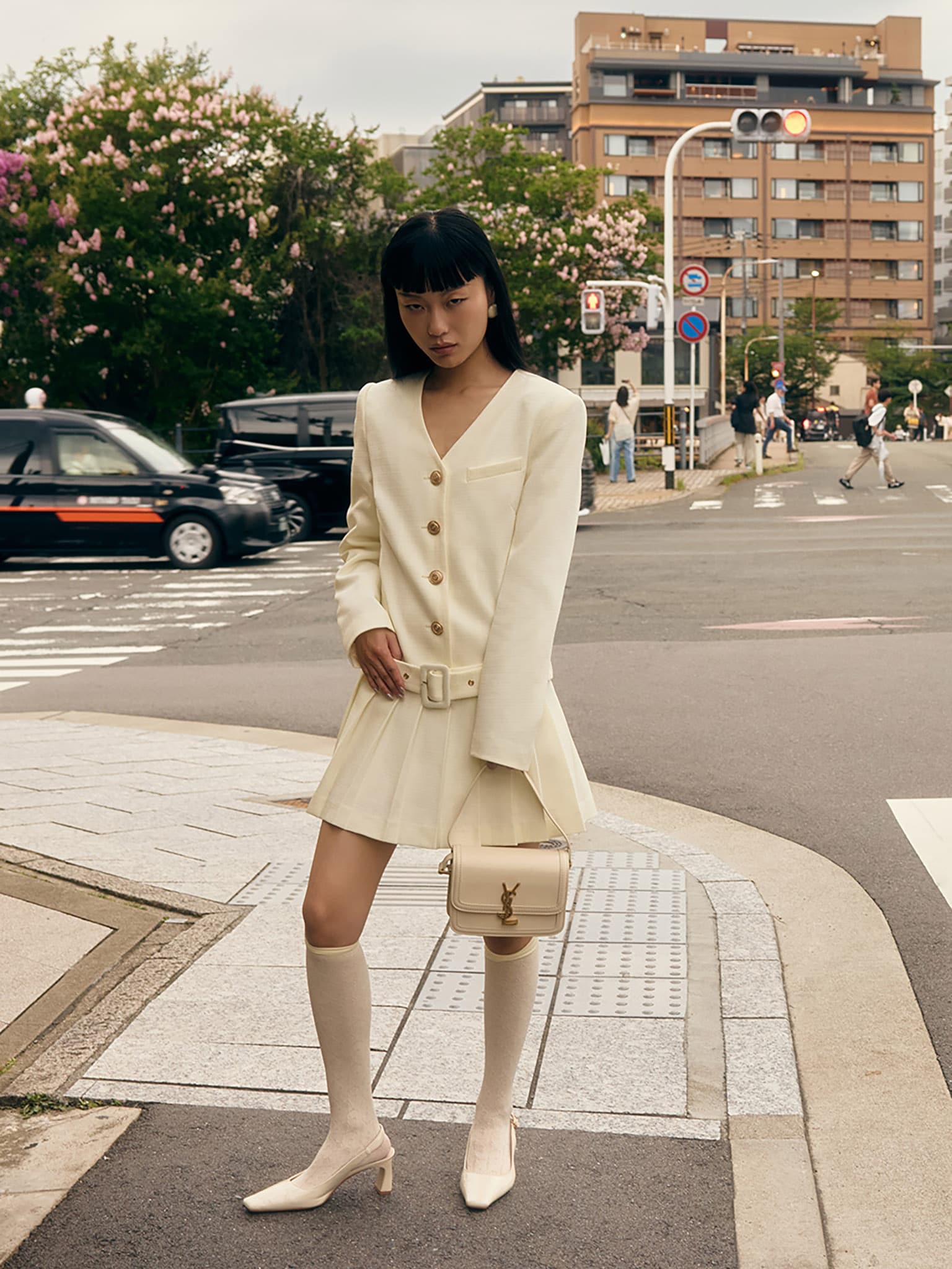 Mini dress in suiting fabric with wide matching belt