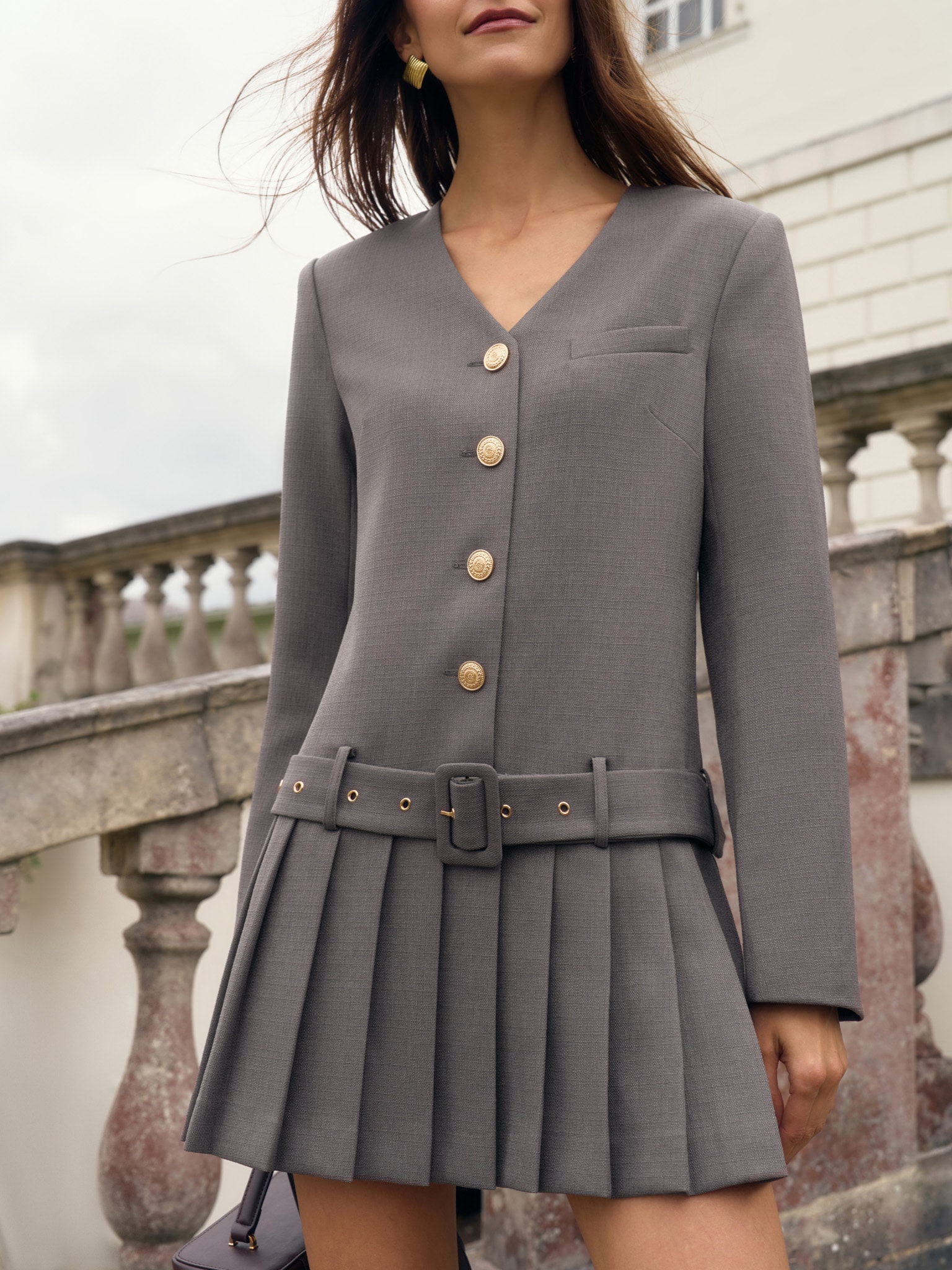 Mini dress in suiting fabric with wide matching belt