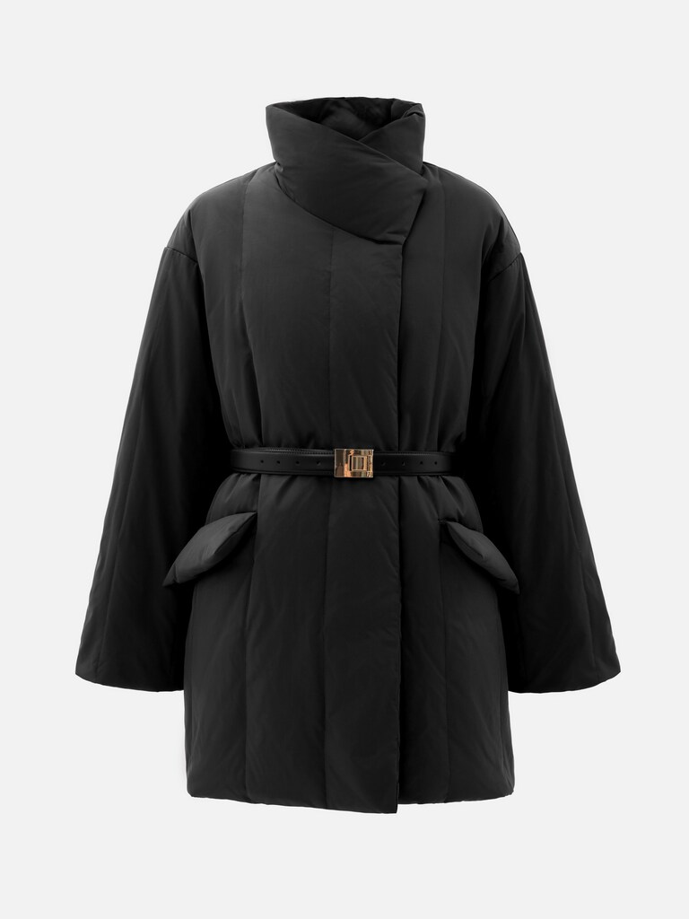 Short down jacket with high collar and leather belt