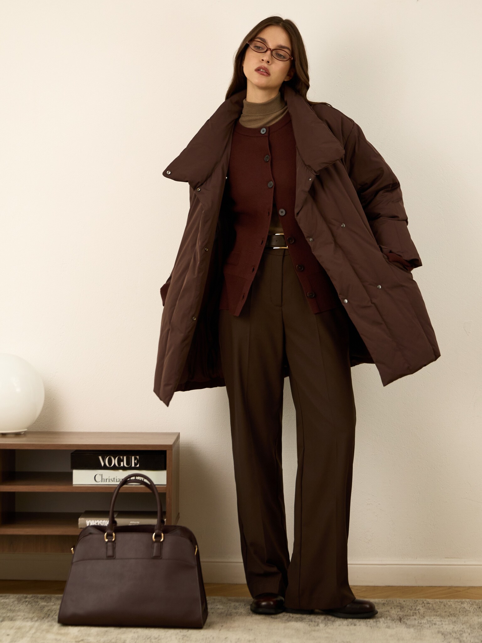 Short down jacket with high collar and leather belt LICHI Online