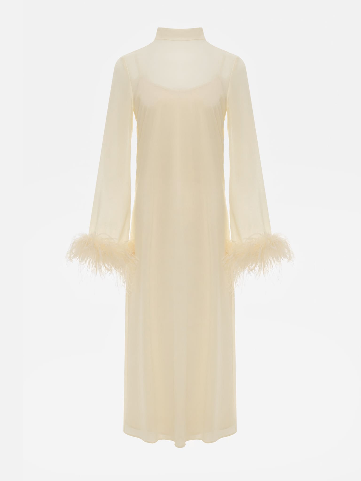 Prosta sukienka midi z piórami na mankietach