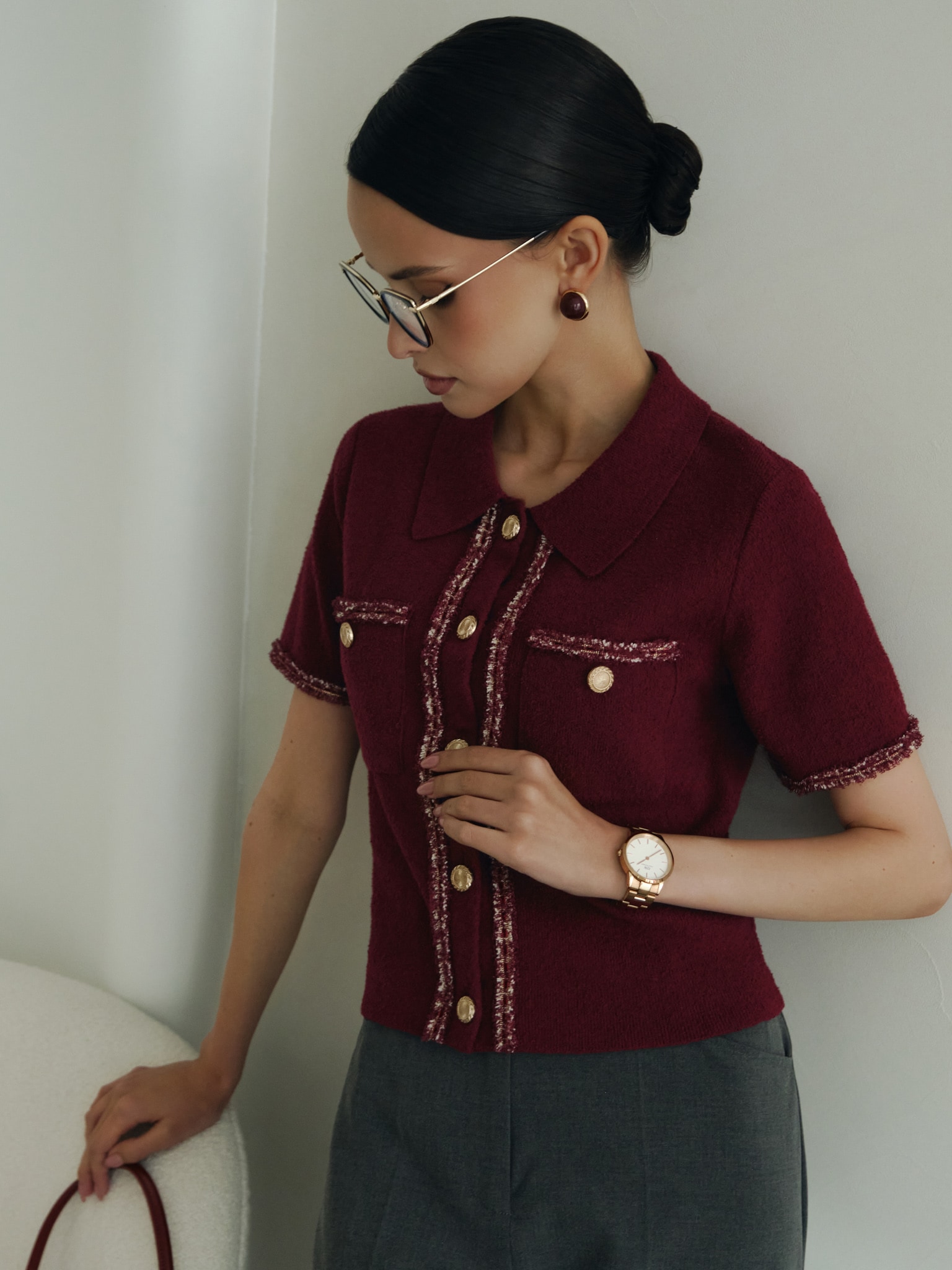 Knitted jersey top with textured details and buttons