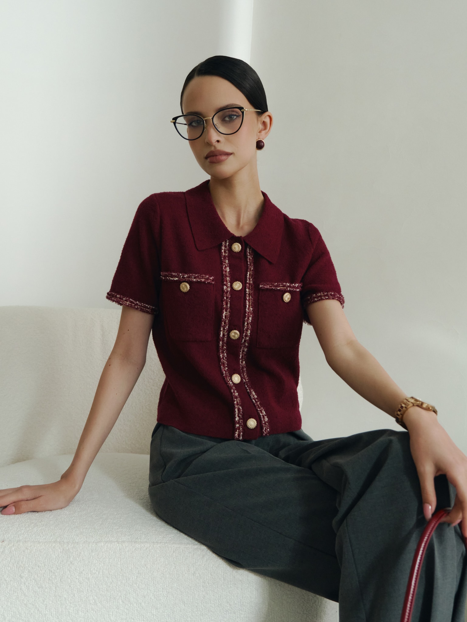 Knitted jersey top with textured details and buttons