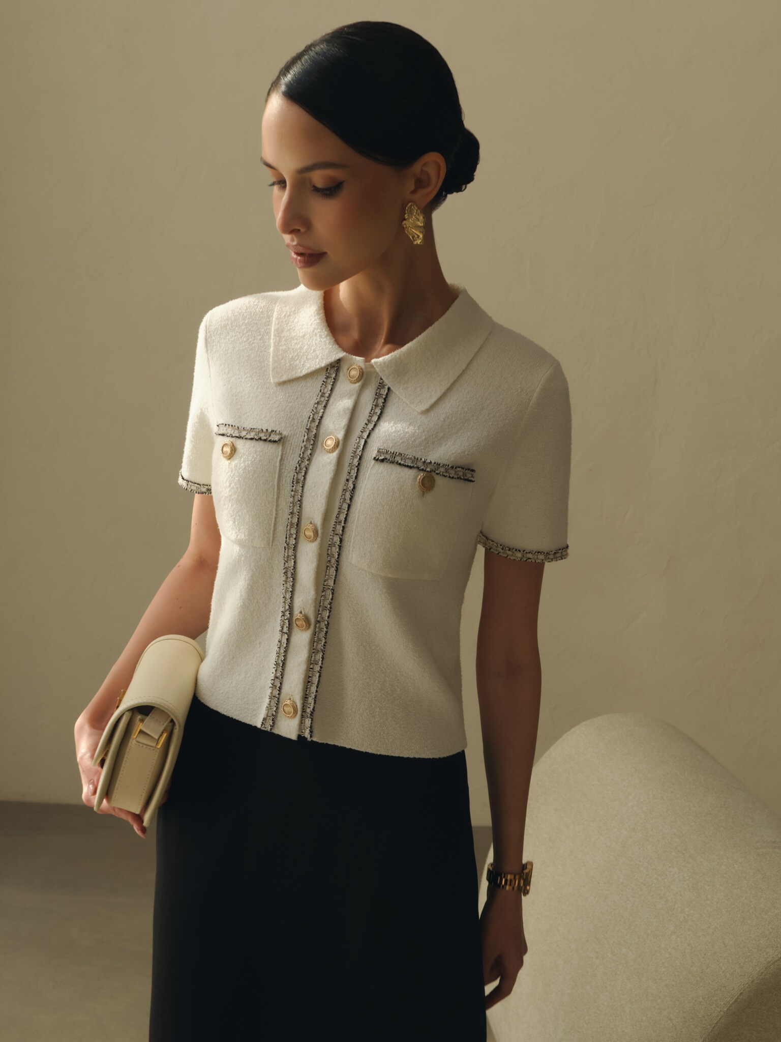 Knitted jersey top with textured details and buttons