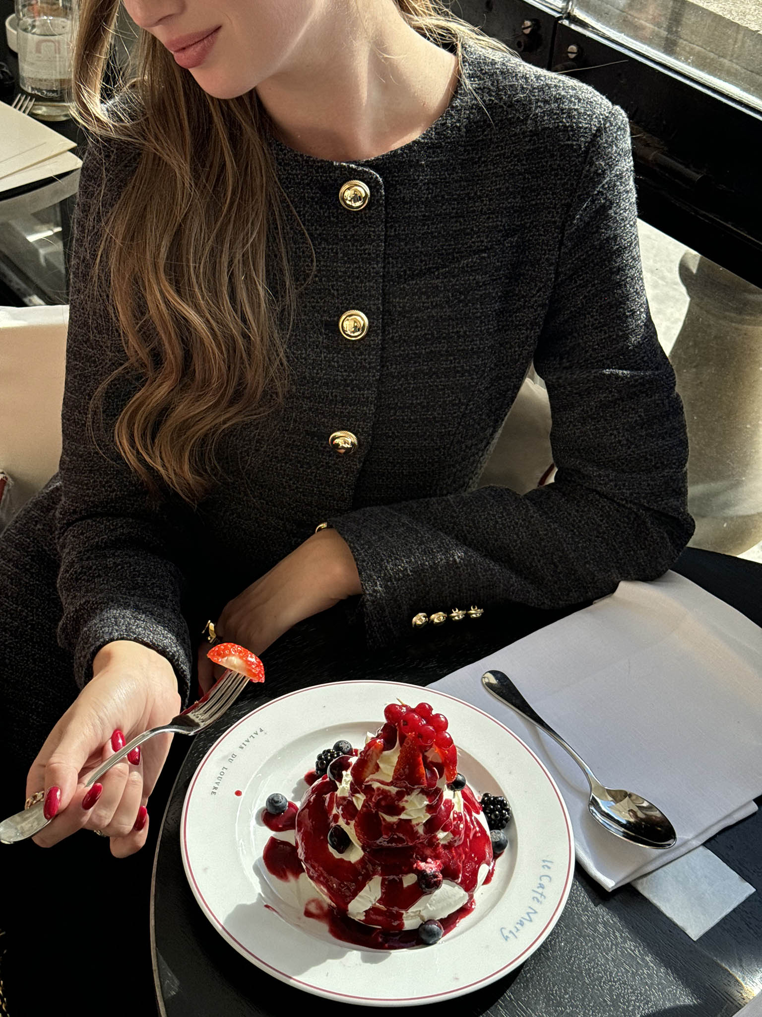 Long tweed jacket with metal buttons