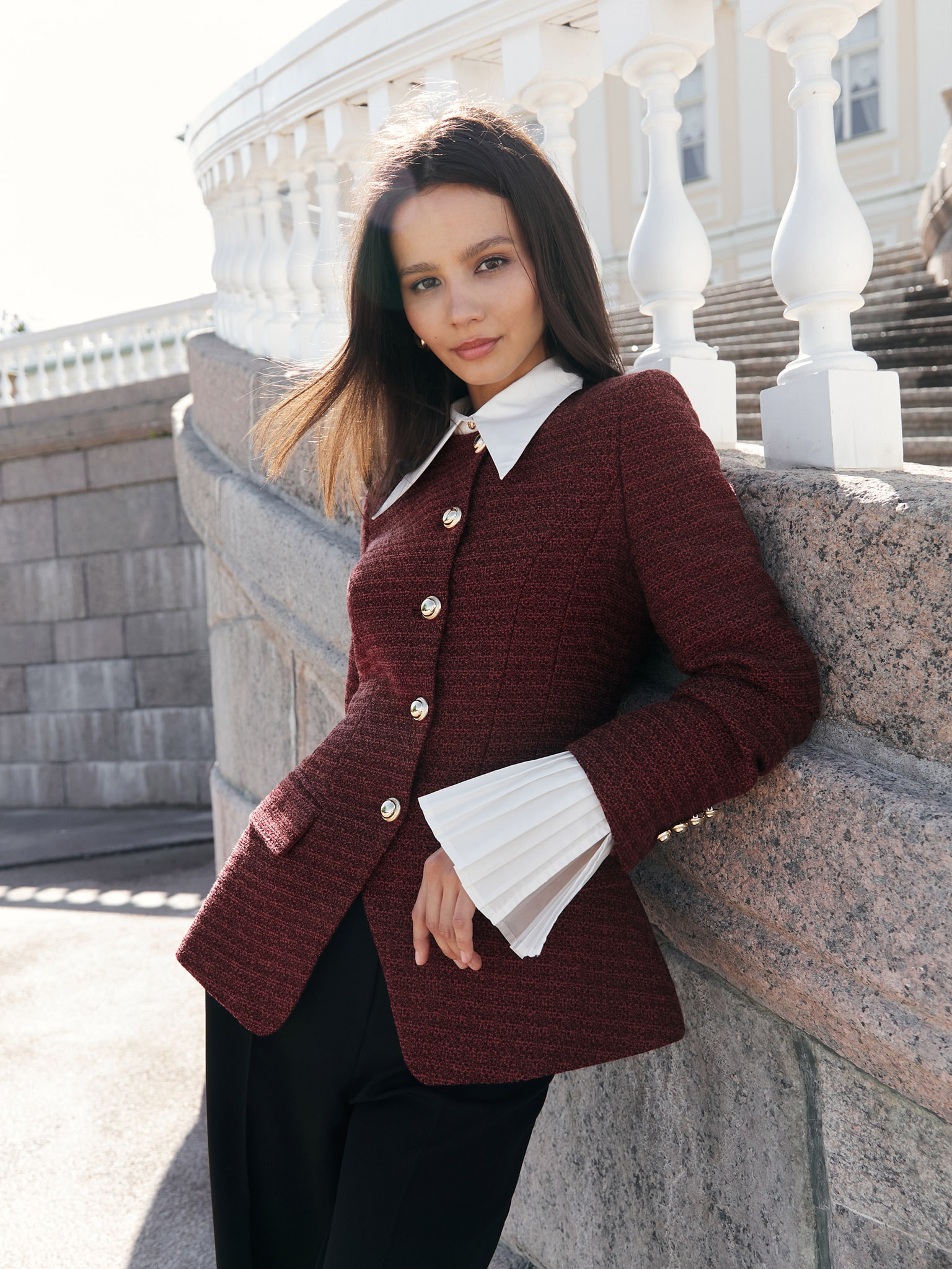 Long tweed jacket with metal buttons
