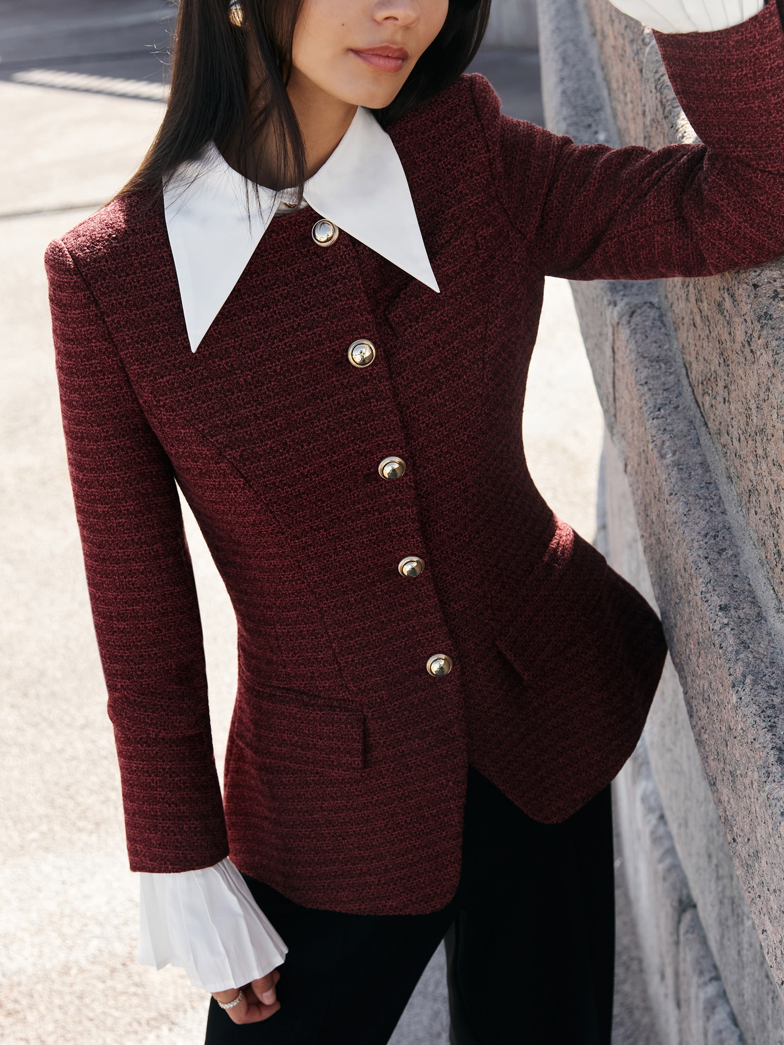 Long tweed jacket with metal buttons