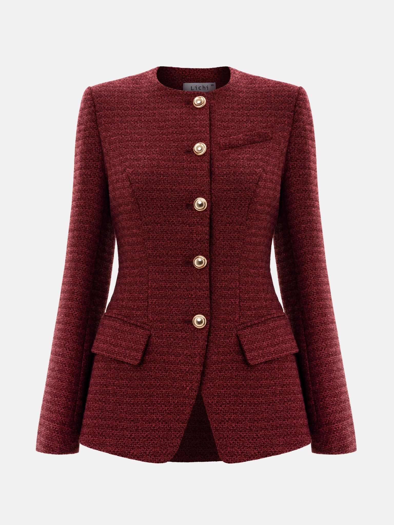 Long tweed jacket with metal buttons