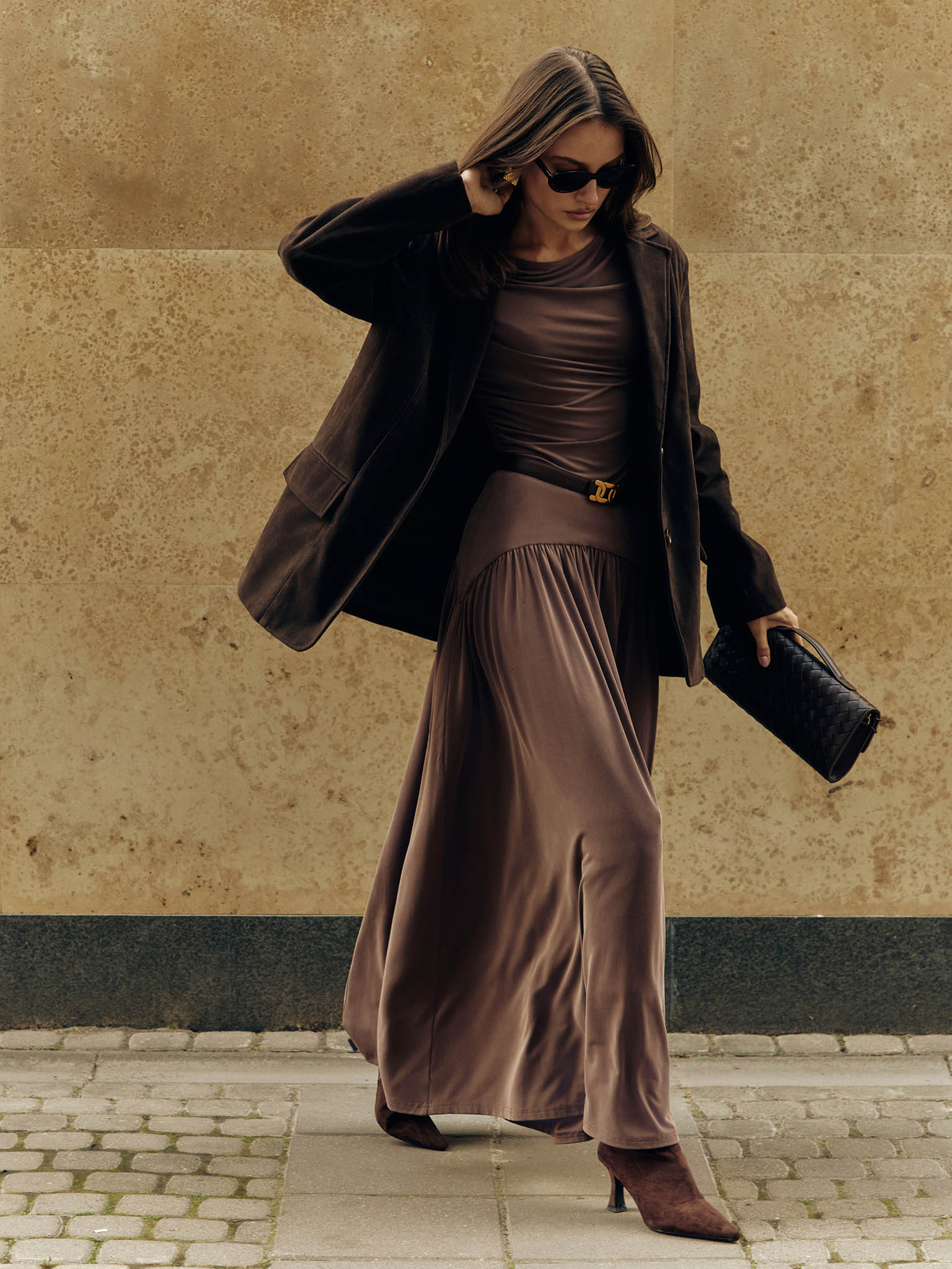 Knitted maxi skirt with wide waistband and gathers :: LICHI