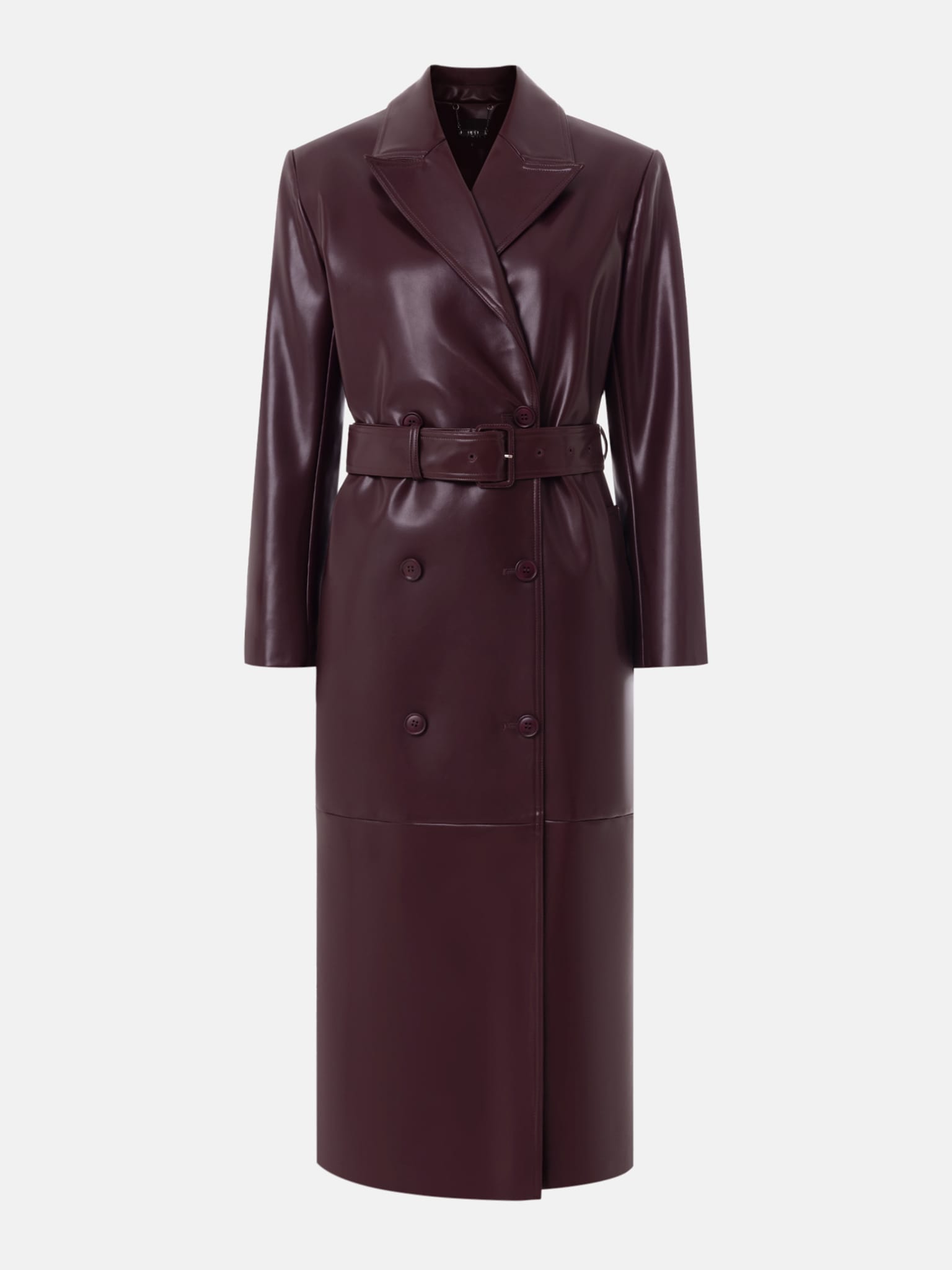 Maxi-Trenchcoat aus Eco-Leder mit horizontalen Nähten und tonalem Gürtel