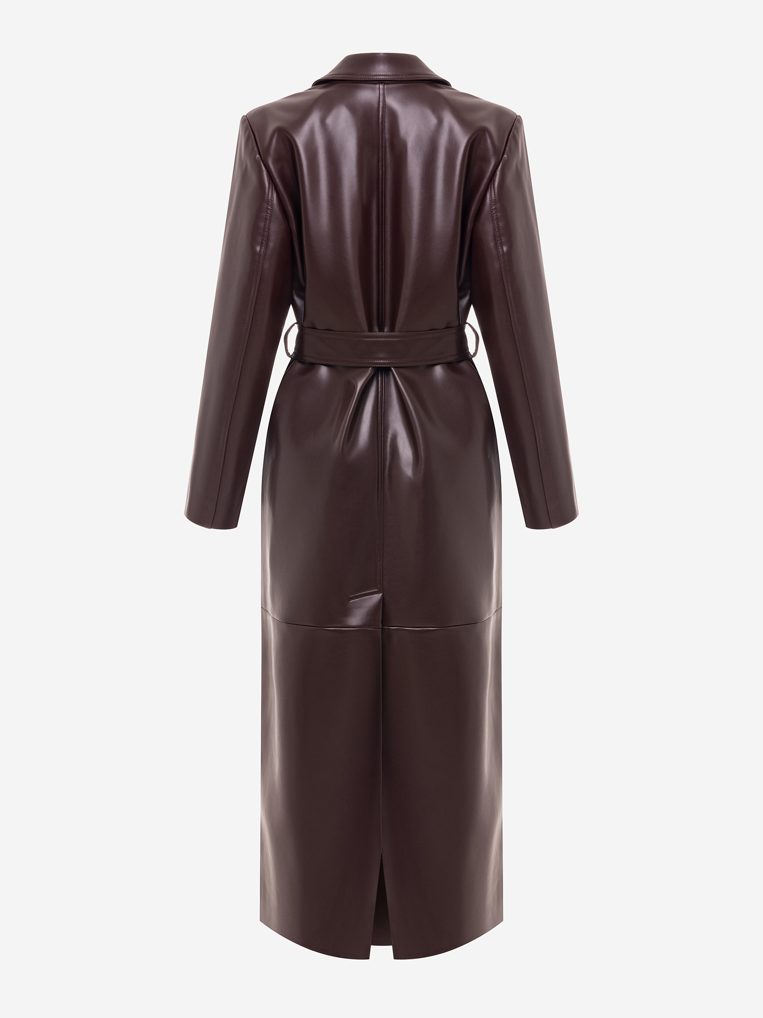 Тренч макси из экокожи с горизонтальными швами и ремнем в тон