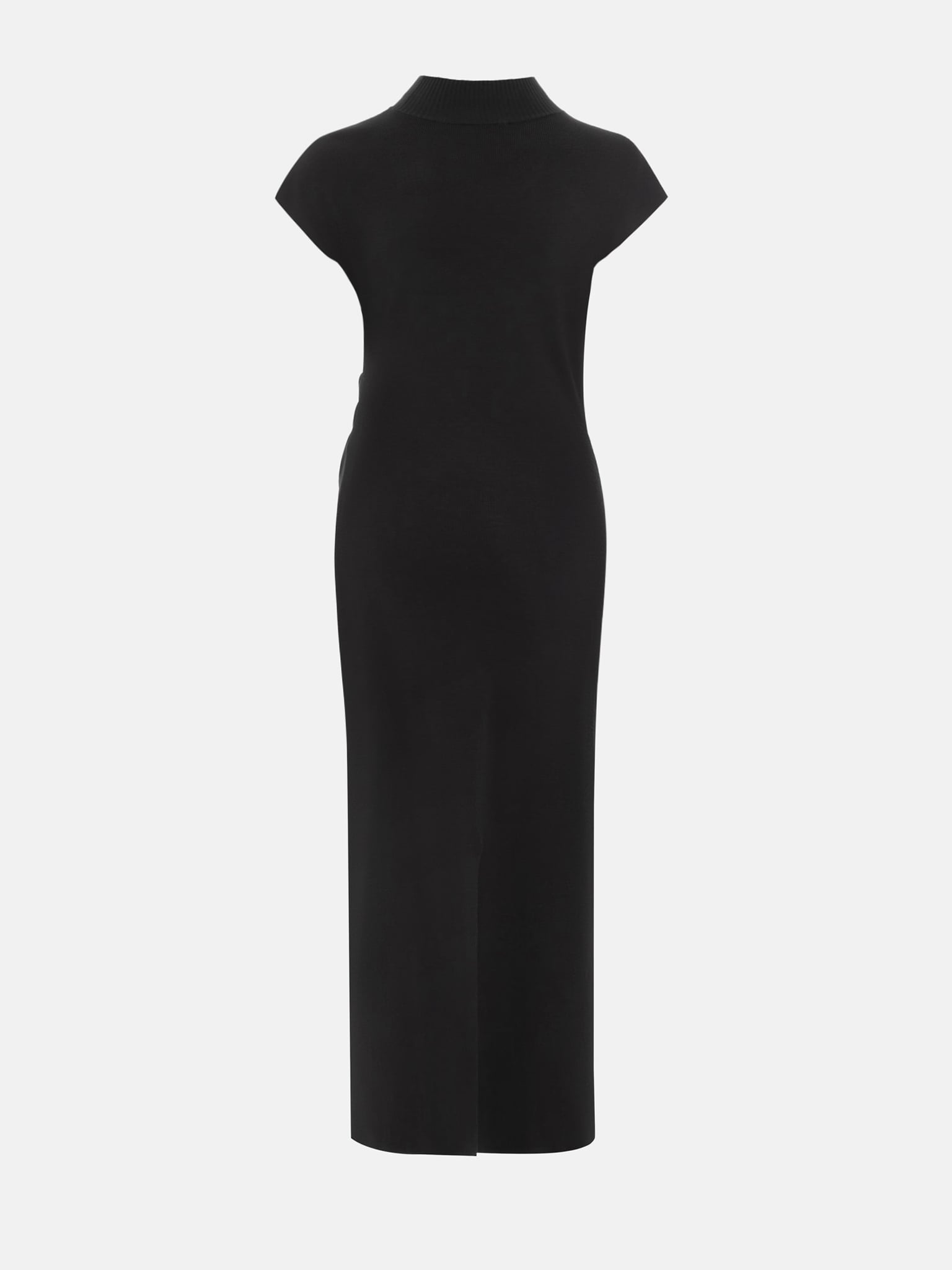 Трикотажное платье миди с воротником-стойкой и асимметричными сборками