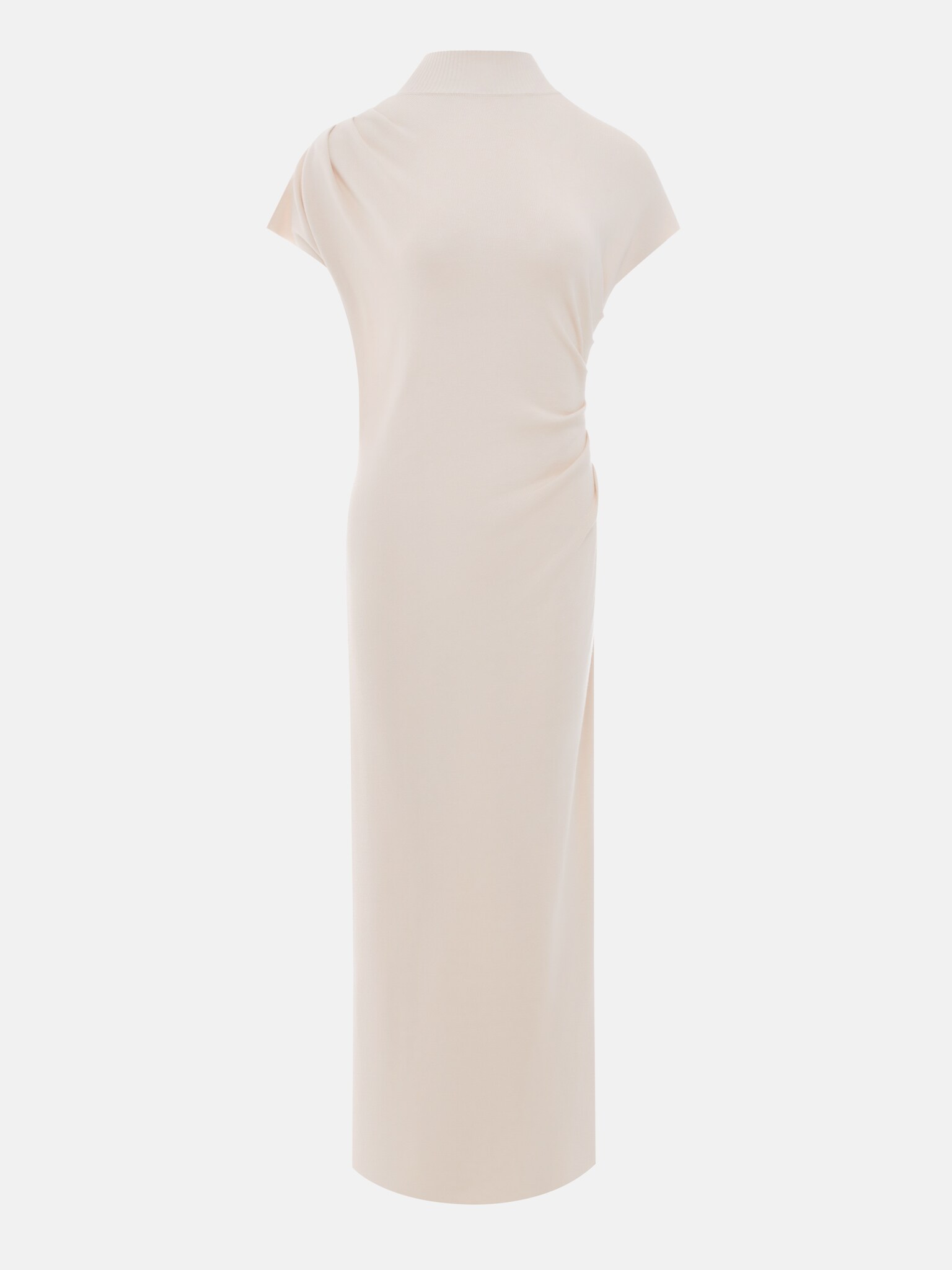 Трикотажное платье миди с воротником-стойкой и асимметричными сборками