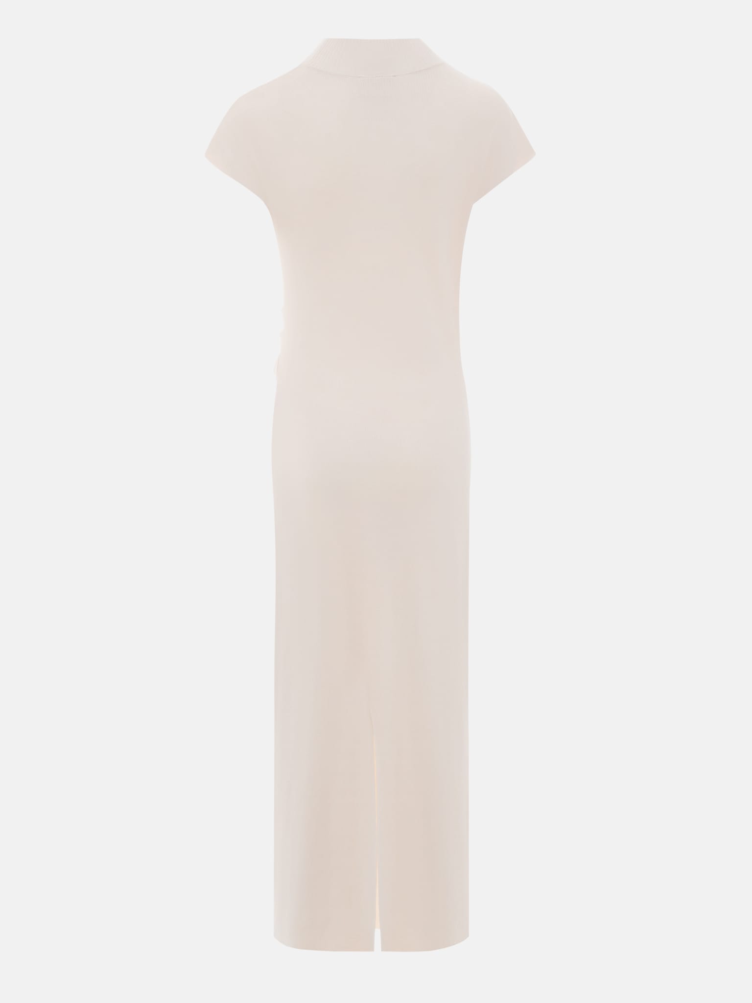 Трикотажное платье миди с воротником-стойкой и асимметричными сборками