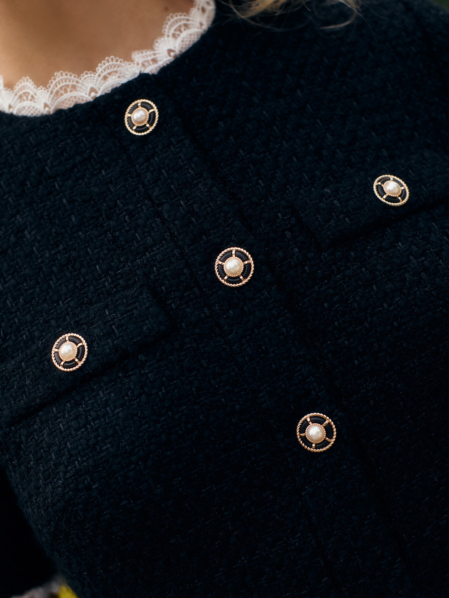 Tweed mini dress with openwork inserts :: LICHI - Online