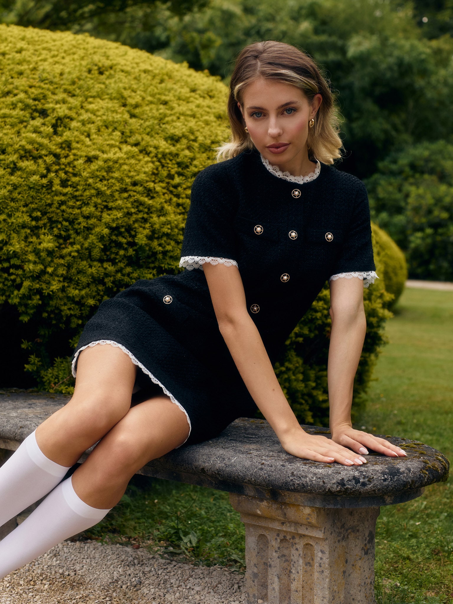 Tweed mini dress with openwork inserts