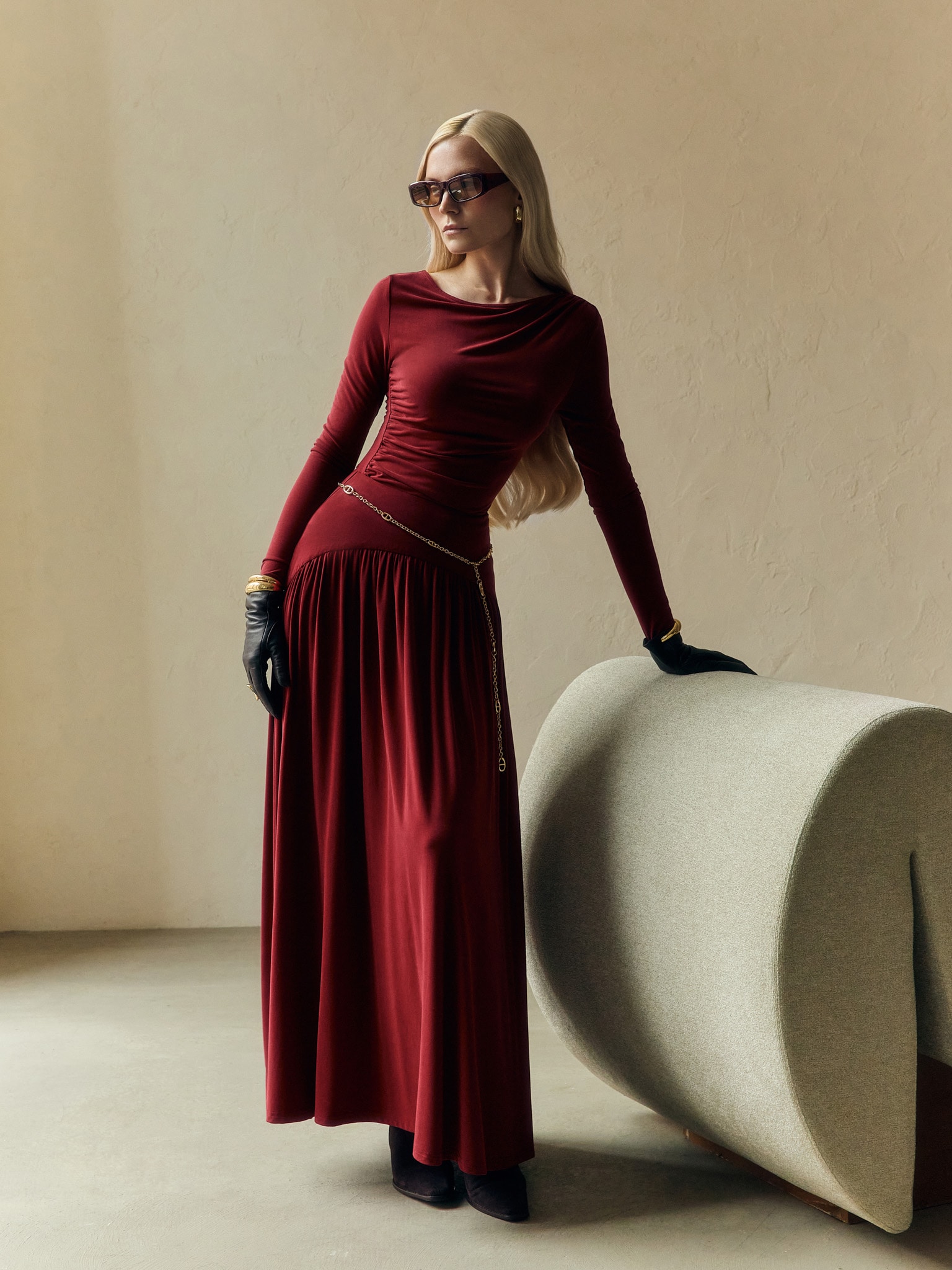 Knitted maxi skirt with wide waistband and gathers