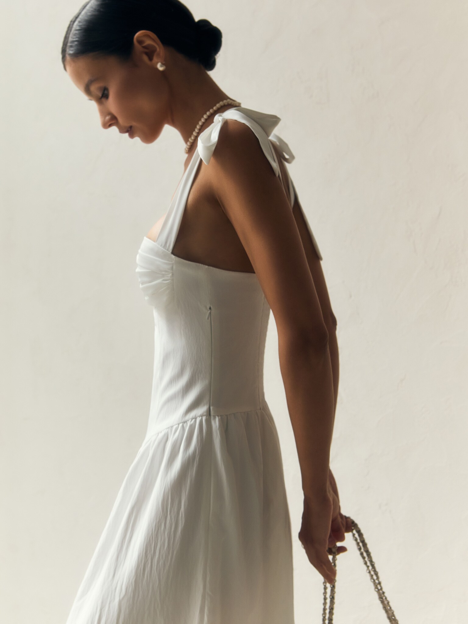 Midi dress with draped chest and ribbon straps