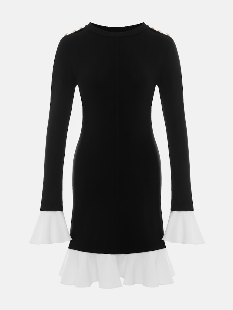 Mini knitted dress with contrasting flounces on the cuffs and skirt