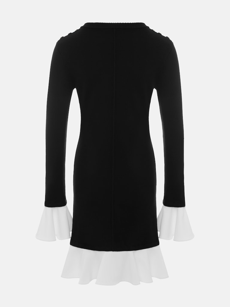 Mini knitted dress with contrasting flounces on the cuffs and skirt