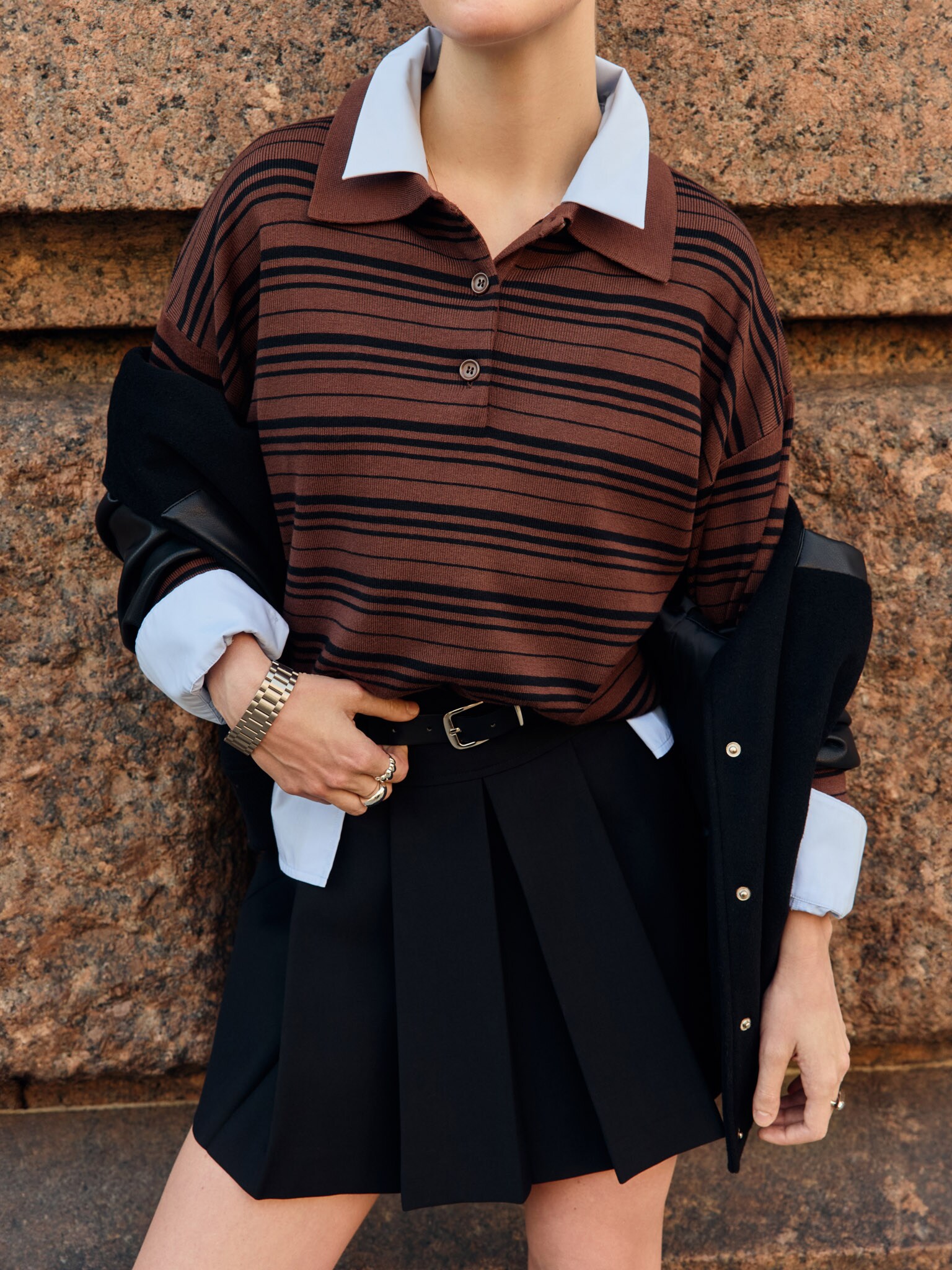 Mini pleated skirt with eco-leather belt