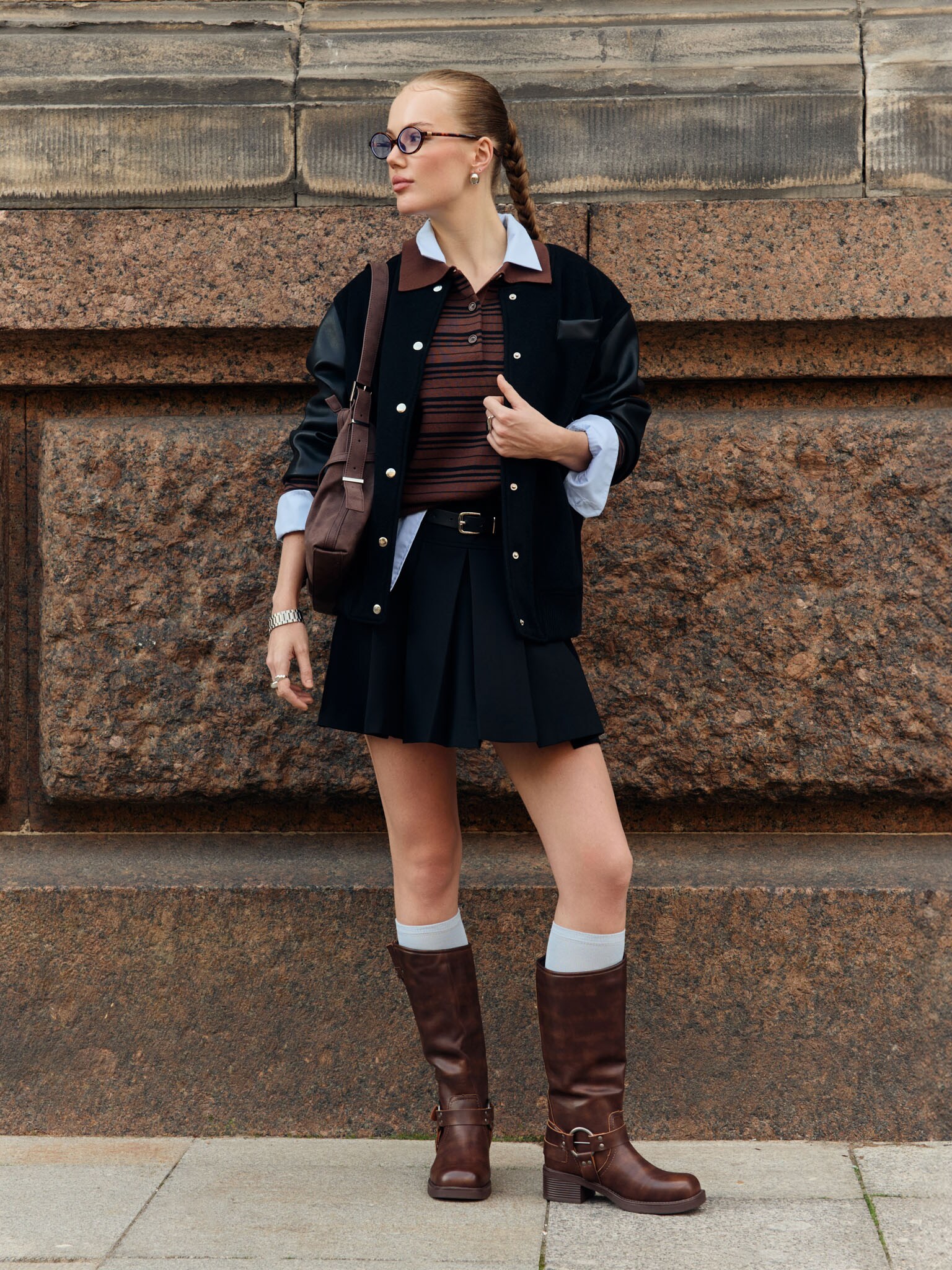 Mini pleated skirt with eco-leather belt