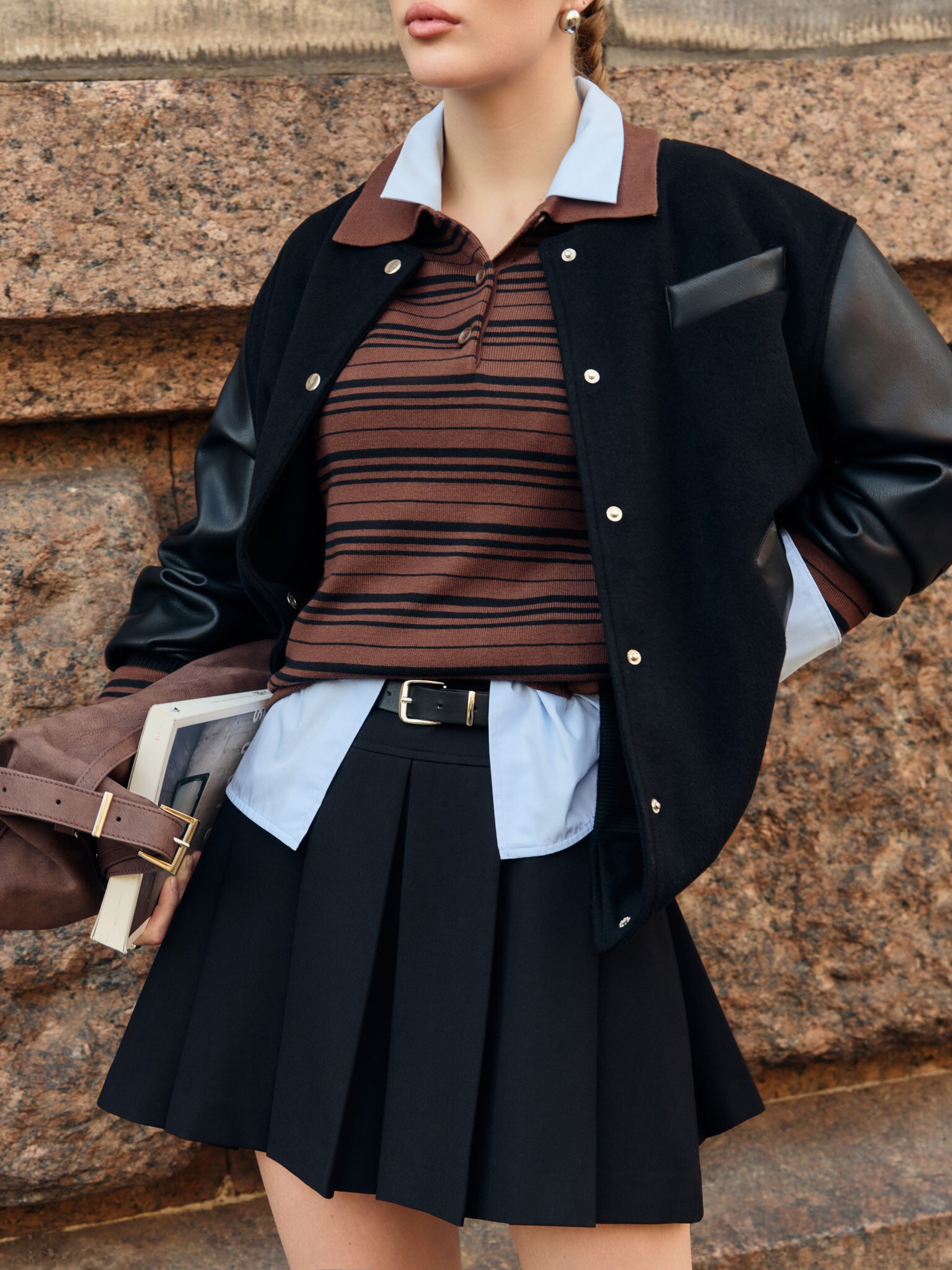 Mini pleated skirt with eco-leather belt