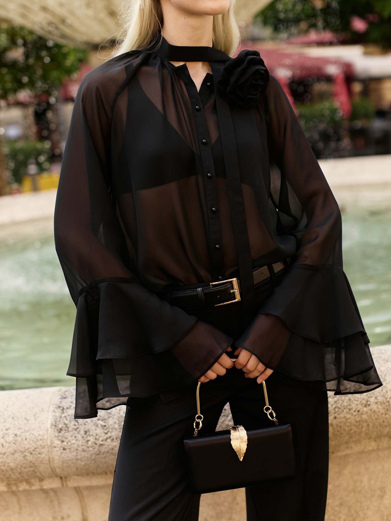 Translucent blouse with flounced cuffs and choker