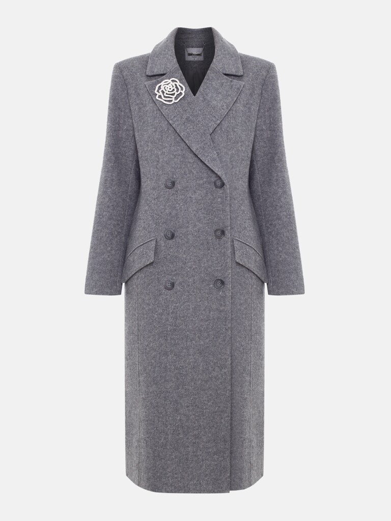 Double-breasted woollen midi coat with brooch