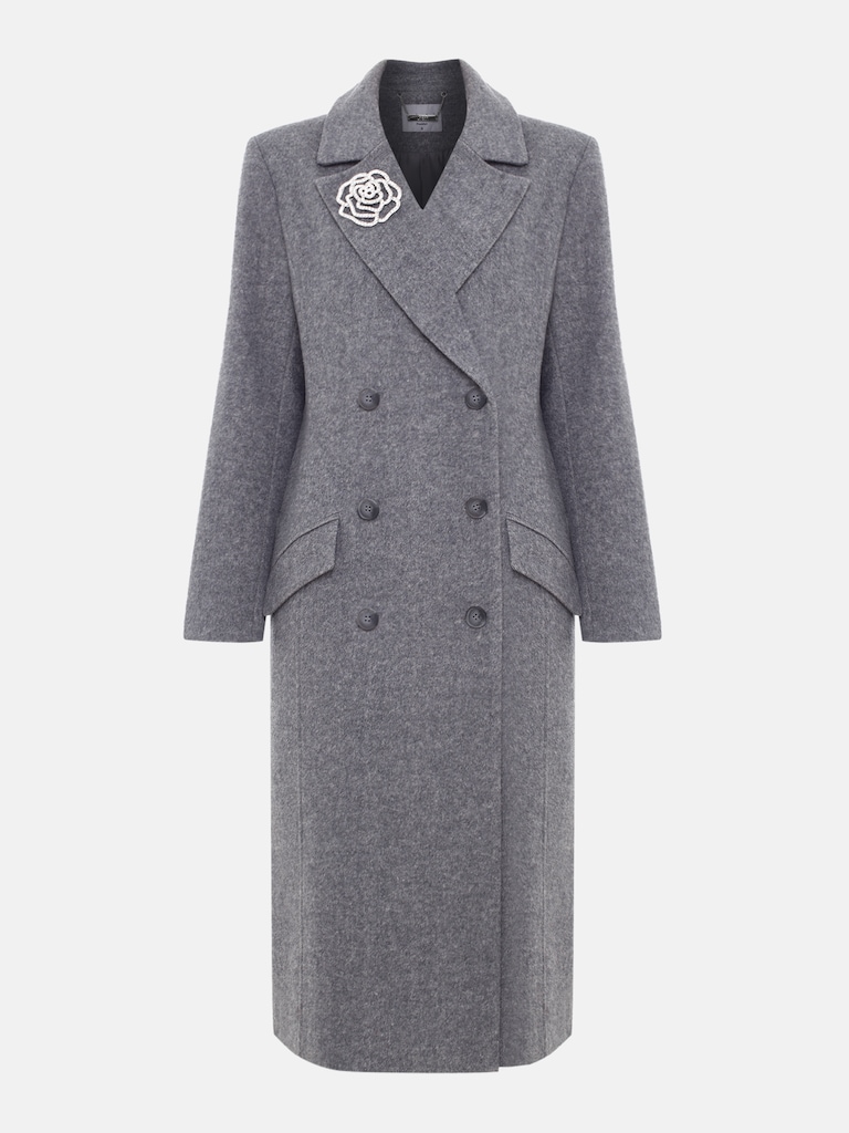 Double-breasted woollen midi coat with brooch