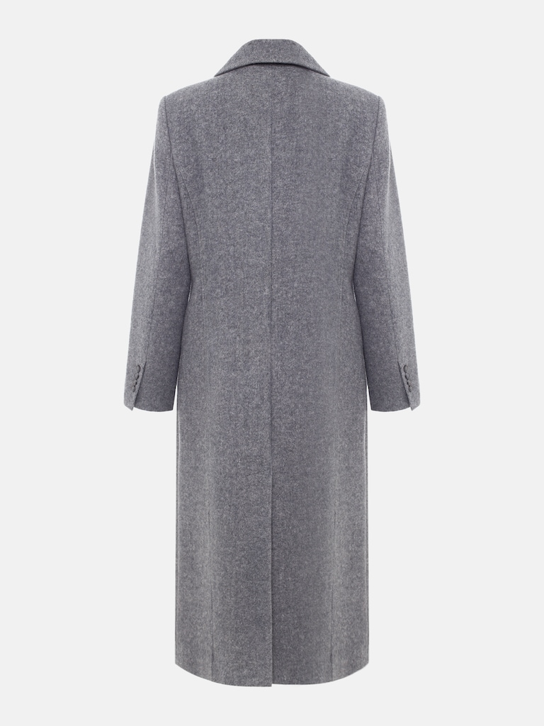 Double-breasted woollen midi coat with brooch