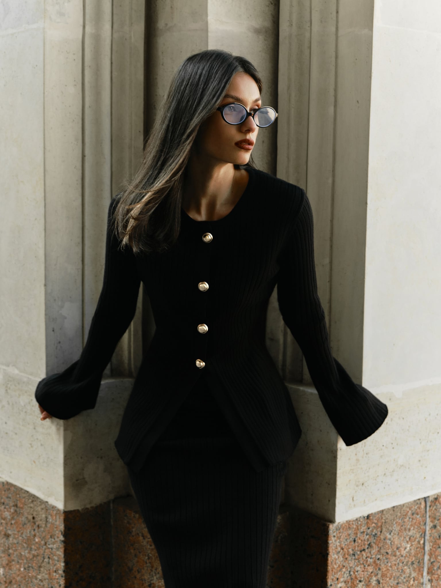 Rib-knit cardigan with flared sleeves