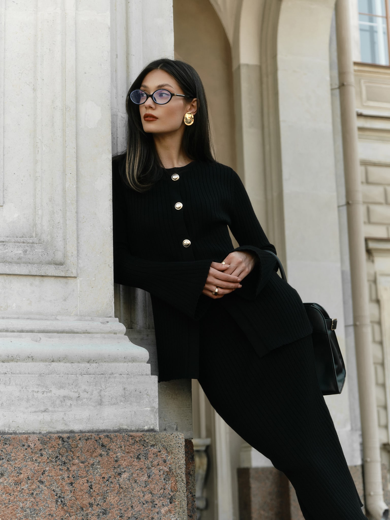 Rib-knit cardigan with flared sleeves