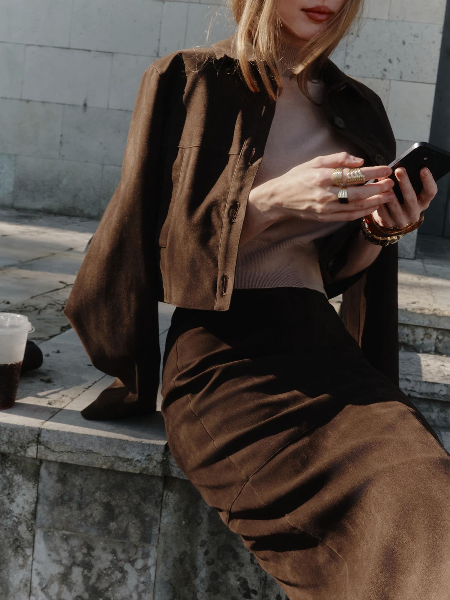 Cropped single-breasted eco-suede jacket