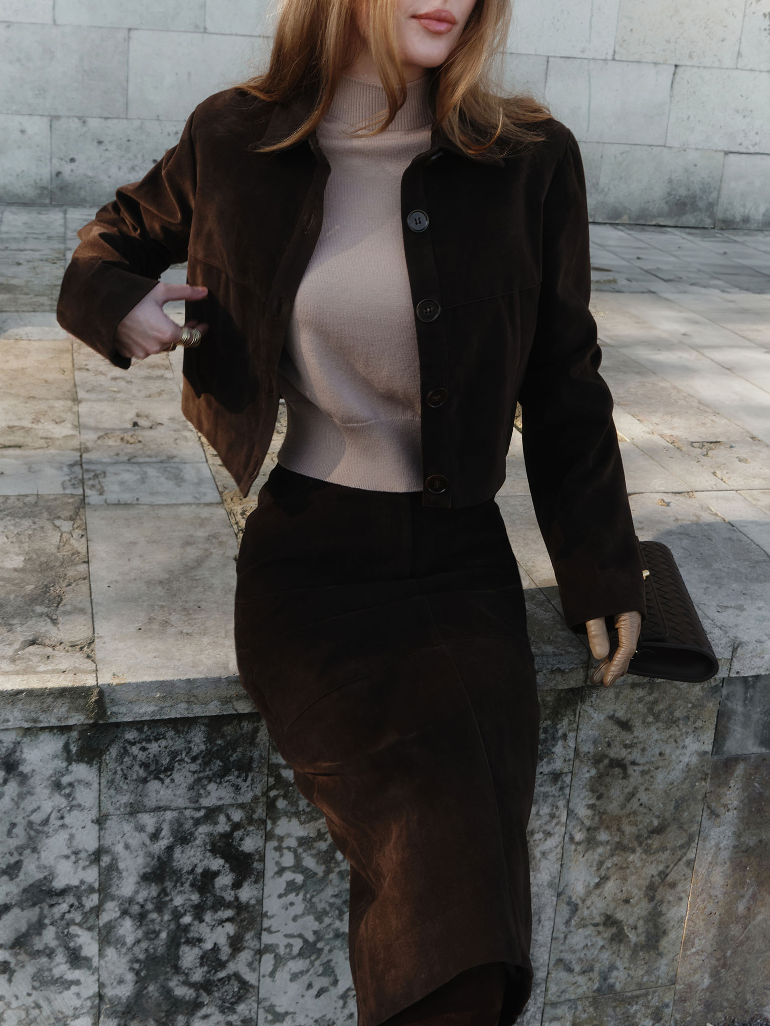 Cropped single-breasted eco-suede jacket