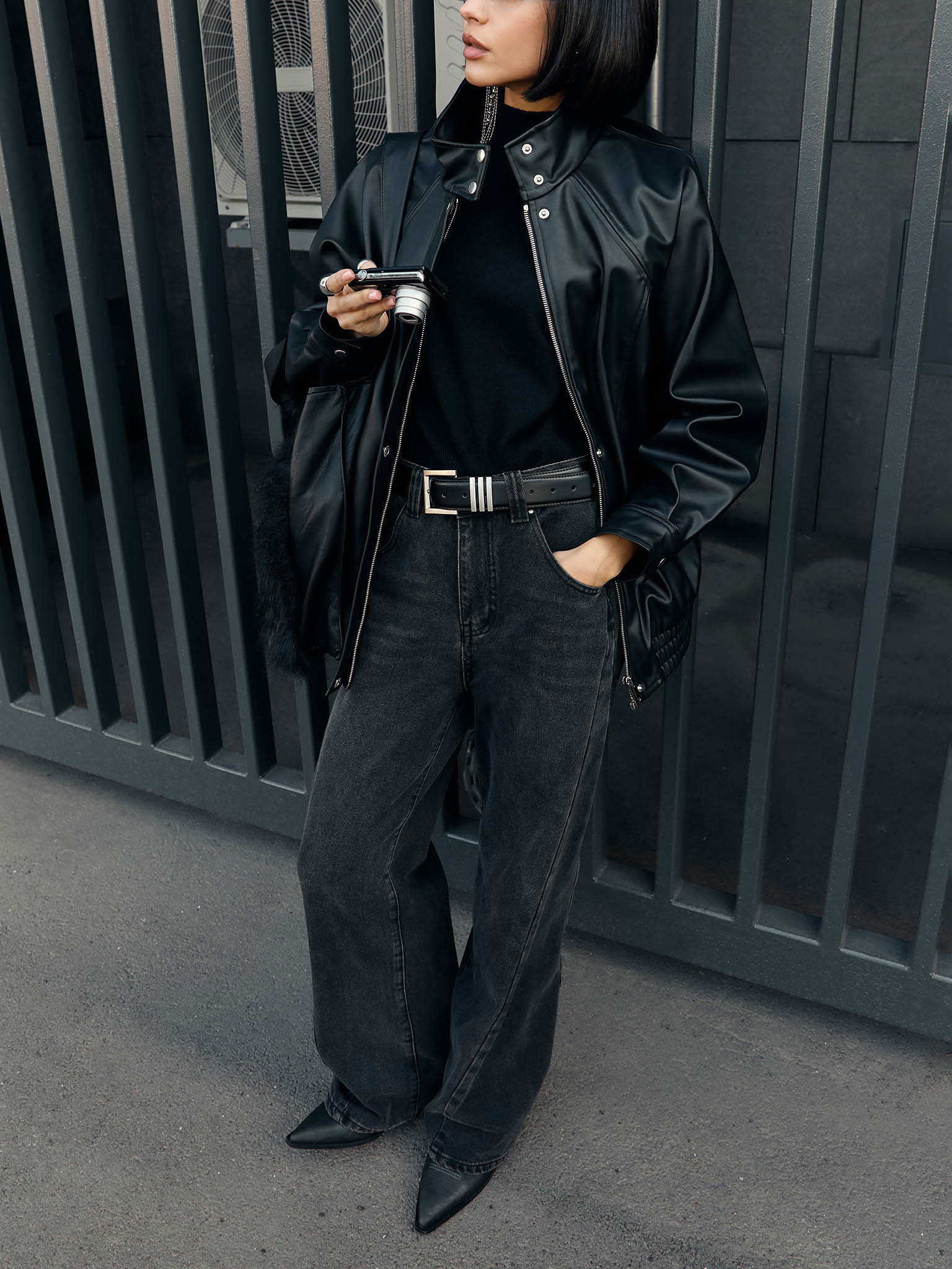 Oversized eco-leather jacket with high collar