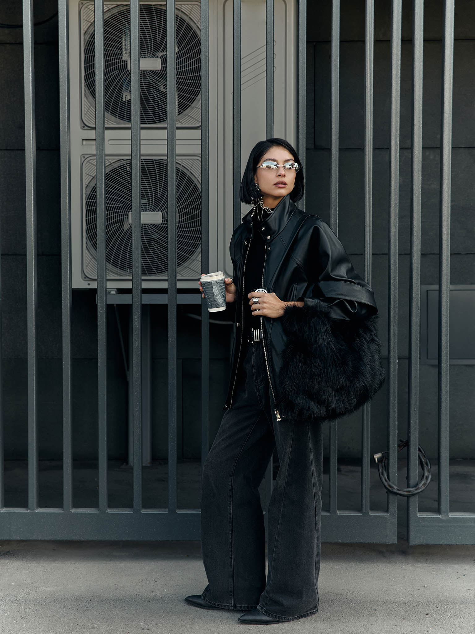 Oversized eco-leather jacket with high collar