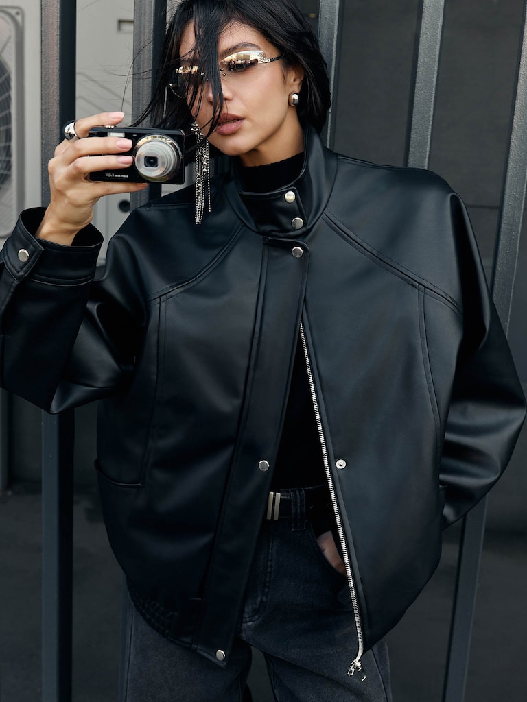 Oversized eco-leather jacket with high collar