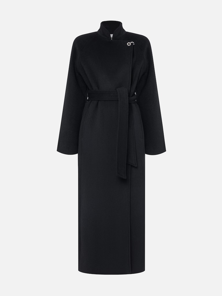 Woollen maxi coat with metal clasp at the shoulder