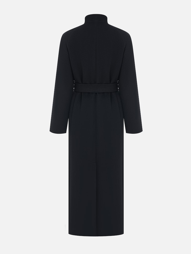 Woollen maxi coat with metal clasp at the shoulder