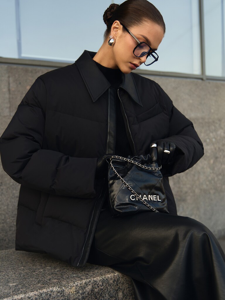 Down jacket with eco-leather collar