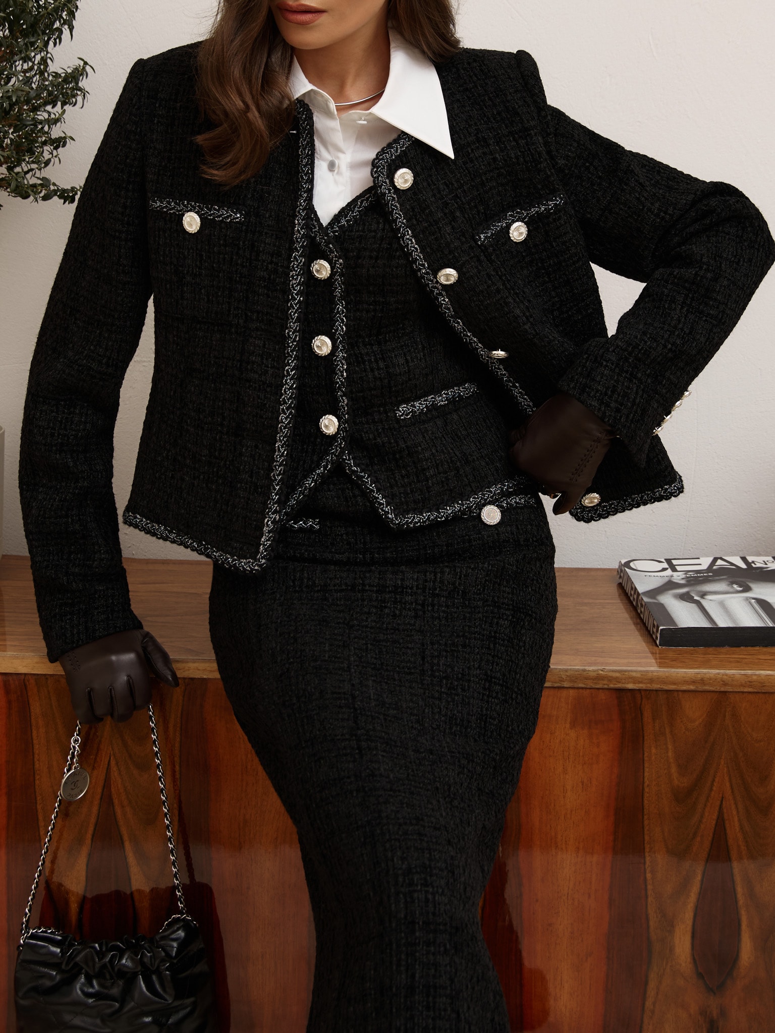 Tweed midi skirt with textured edging and large buttons