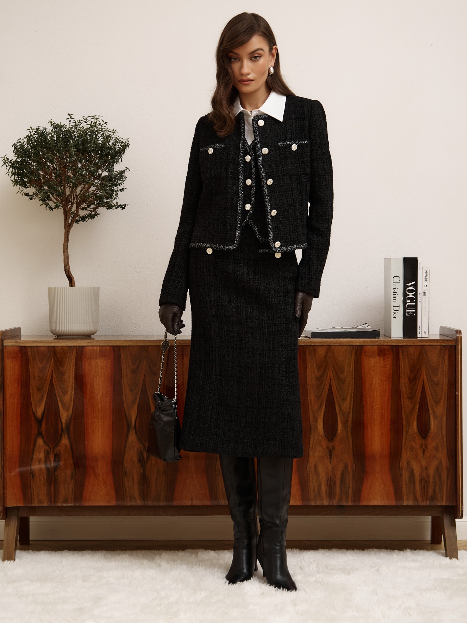 Tweed midi skirt with textured edging and large buttons