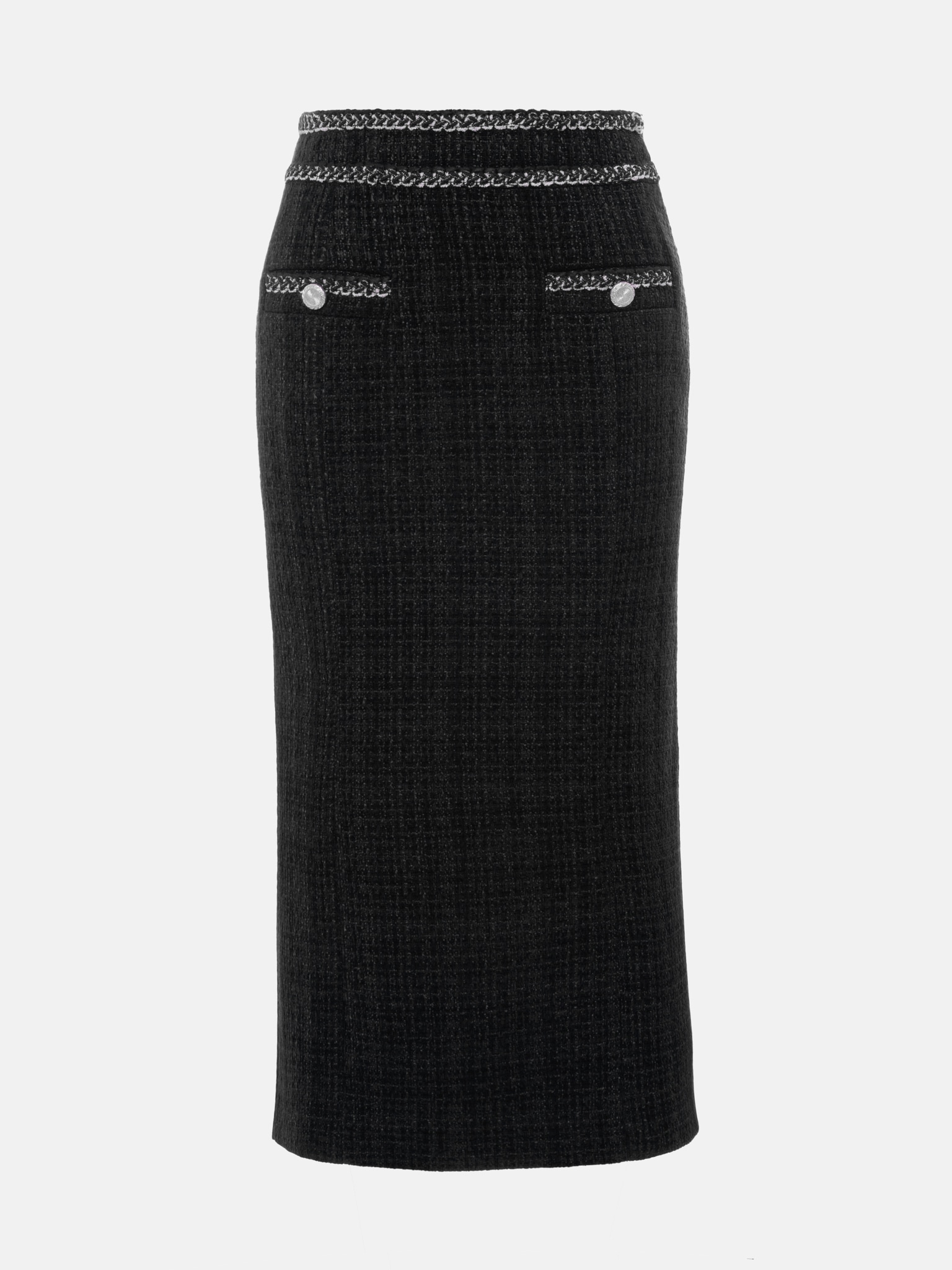 Tweed midi skirt with textured edging and large buttons