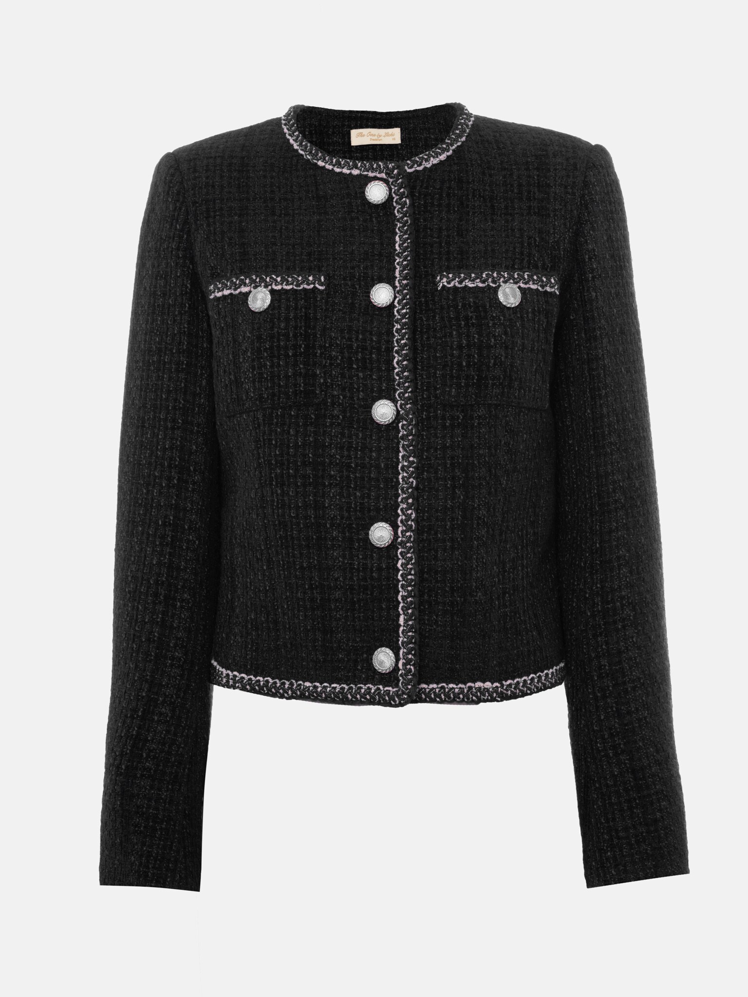 Tweed single-breasted jacket with textured edging and large buttons