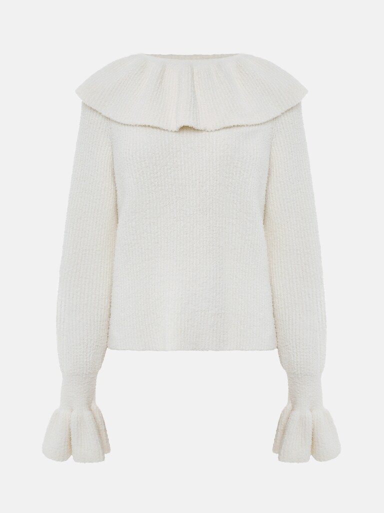 Sweater with flounces on collar and sleeves