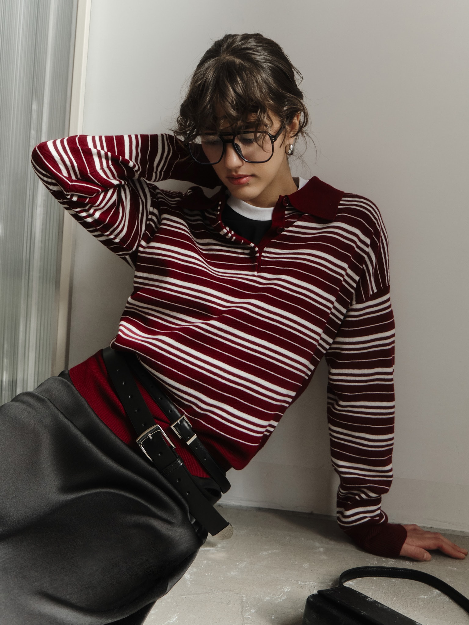Striped knitted polo with long sleeves